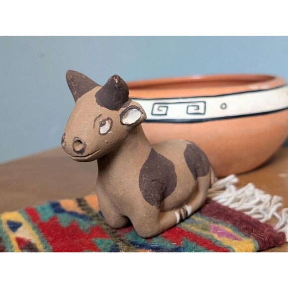 Vintage Peru Pottery Cow Figurine, Clay Native Folk Art, Southwestern Decor - Picture 1 of 9